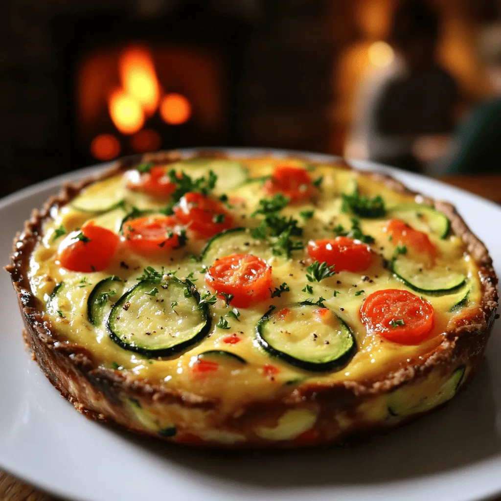 To make a tasty quiche sans pâte aux légumes, you need simple ingredients. Start with four large eggs and a cup of whole milk. This mix gives the quiche its rich texture. You also need one cup of grated cheese, like Gruyère or Cheddar, for that creamy flavor. Vegetables add both taste and color. I love using one medium zucchini, one red bell pepper, and a cup of chopped spinach. Cherry tomatoes and onions bring sweetness and depth. Don't forget two cloves of minced garlic and some dried thyme for flavor. Finally, salt, pepper, and olive oil will help bring everything together.