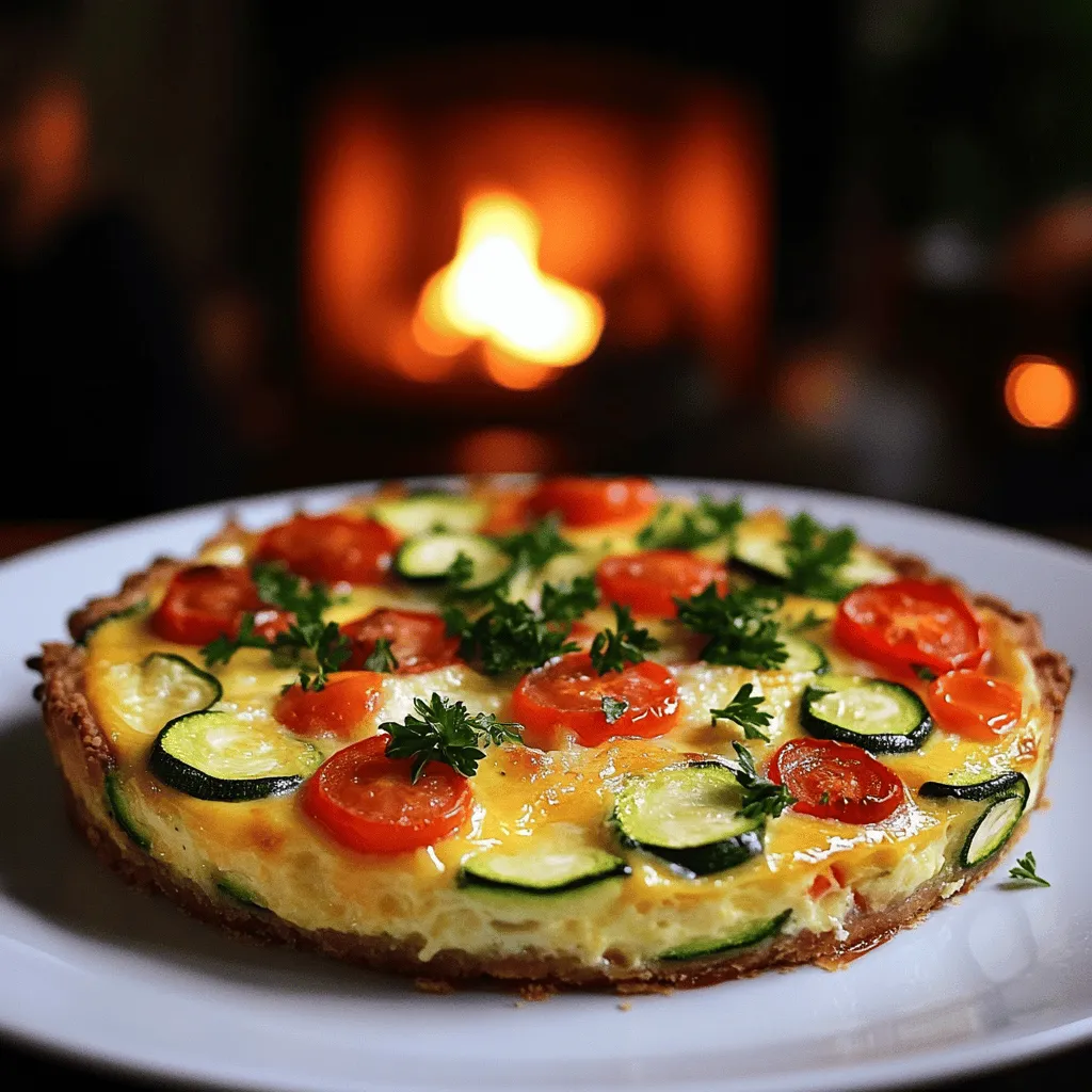To make a tasty quiche sans pâte aux légumes, you need simple ingredients. Start with four large eggs and a cup of whole milk. This mix gives the quiche its rich texture. You also need one cup of grated cheese, like Gruyère or Cheddar, for that creamy flavor. Vegetables add both taste and color. I love using one medium zucchini, one red bell pepper, and a cup of chopped spinach. Cherry tomatoes and onions bring sweetness and depth. Don't forget two cloves of minced garlic and some dried thyme for flavor. Finally, salt, pepper, and olive oil will help bring everything together.