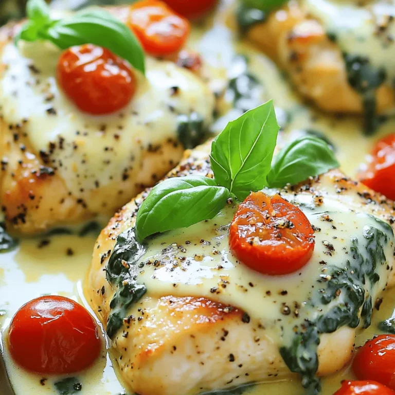 To make a tasty Tuscan chicken, you need simple ingredients. For this dish, gather 2 boneless chicken breasts, olive oil, garlic, cherry tomatoes, fresh spinach, heavy cream, Parmesan cheese, dried Italian herbs, salt, and pepper. Fresh basil leaves will add a nice touch for garnish.
