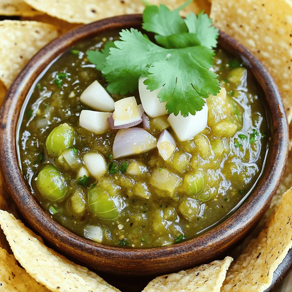 To make roasted tomatillo salsa, you need fresh tomatillos. They are the heart of this dish. Choose medium-sized tomatillos that are firm and bright green. These small fruits bring a tart flavor that is key to this salsa.