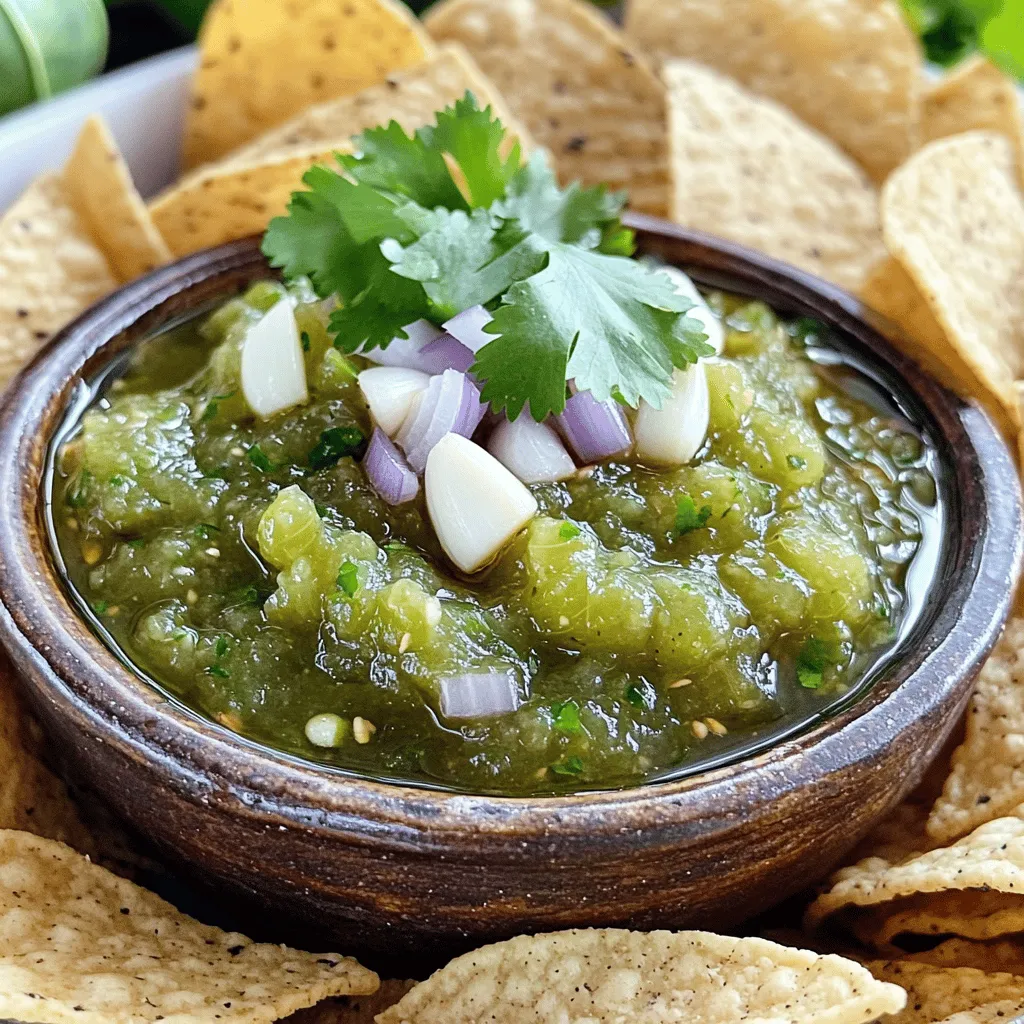 To make roasted tomatillo salsa, you need fresh tomatillos. They are the heart of this dish. Choose medium-sized tomatillos that are firm and bright green. These small fruits bring a tart flavor that is key to this salsa.