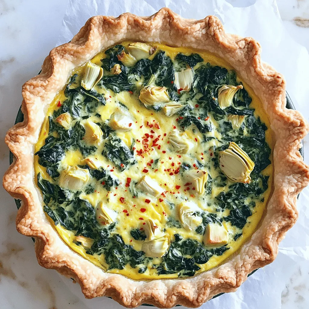 To make a tasty spinach and artichoke dip quiche, you need simple ingredients. First, grab a pre-made pie crust. This saves time and effort. Next, you will need one cup of fresh spinach, chopped finely. You will also need one cup of canned artichoke hearts, drained and chopped. For creaminess, you’ll use one cup of softened cream cheese and half a cup of sour cream. Four large eggs help bind the ingredients. For flavor, add two cloves of minced garlic, half a teaspoon of onion powder, and a sprinkle of salt and pepper. Finally, you’ll need a cup of grated mozzarella cheese and half a cup of grated Parmesan cheese. You can find the full recipe easily to follow these steps.