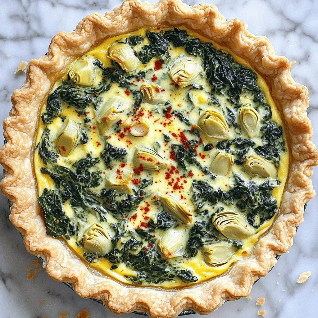 To make a tasty spinach and artichoke dip quiche, you need simple ingredients. First, grab a pre-made pie crust. This saves time and effort. Next, you will need one cup of fresh spinach, chopped finely. You will also need one cup of canned artichoke hearts, drained and chopped. For creaminess, you’ll use one cup of softened cream cheese and half a cup of sour cream. Four large eggs help bind the ingredients. For flavor, add two cloves of minced garlic, half a teaspoon of onion powder, and a sprinkle of salt and pepper. Finally, you’ll need a cup of grated mozzarella cheese and half a cup of grated Parmesan cheese. You can find the full recipe easily to follow these steps.