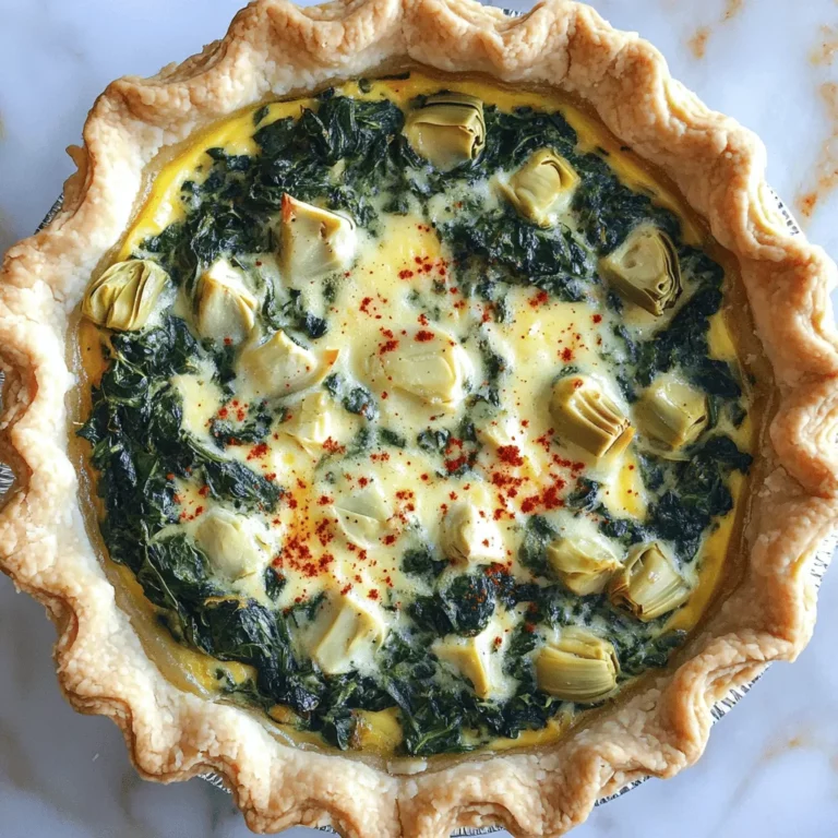 To make a tasty spinach and artichoke dip quiche, you need simple ingredients. First, grab a pre-made pie crust. This saves time and effort. Next, you will need one cup of fresh spinach, chopped finely. You will also need one cup of canned artichoke hearts, drained and chopped. For creaminess, you’ll use one cup of softened cream cheese and half a cup of sour cream. Four large eggs help bind the ingredients. For flavor, add two cloves of minced garlic, half a teaspoon of onion powder, and a sprinkle of salt and pepper. Finally, you’ll need a cup of grated mozzarella cheese and half a cup of grated Parmesan cheese. You can find the full recipe easily to follow these steps.
