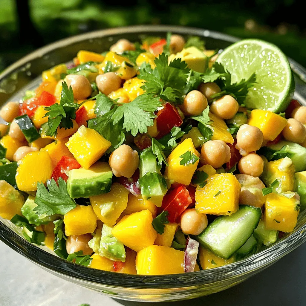 This mango chickpea salad recipe shines because of its fresh salad ingredients. Each ingredient adds flavor and texture. The main star is the mango. You want it to be ripe and sweet. Dice it into small cubes for easy bites.