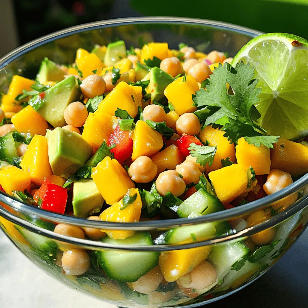 This mango chickpea salad recipe shines because of its fresh salad ingredients. Each ingredient adds flavor and texture. The main star is the mango. You want it to be ripe and sweet. Dice it into small cubes for easy bites.
