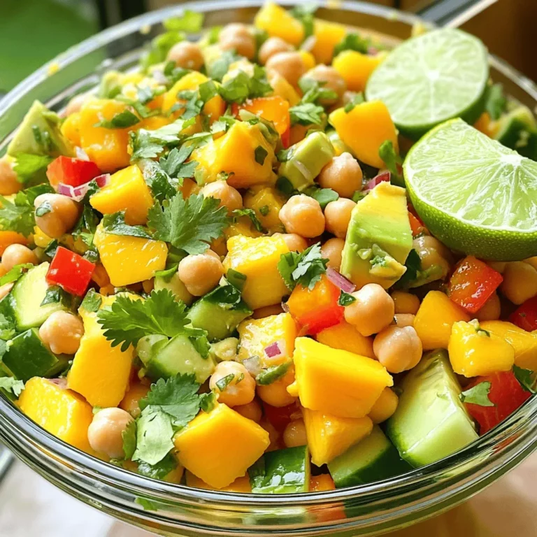 This mango chickpea salad recipe shines because of its fresh salad ingredients. Each ingredient adds flavor and texture. The main star is the mango. You want it to be ripe and sweet. Dice it into small cubes for easy bites.