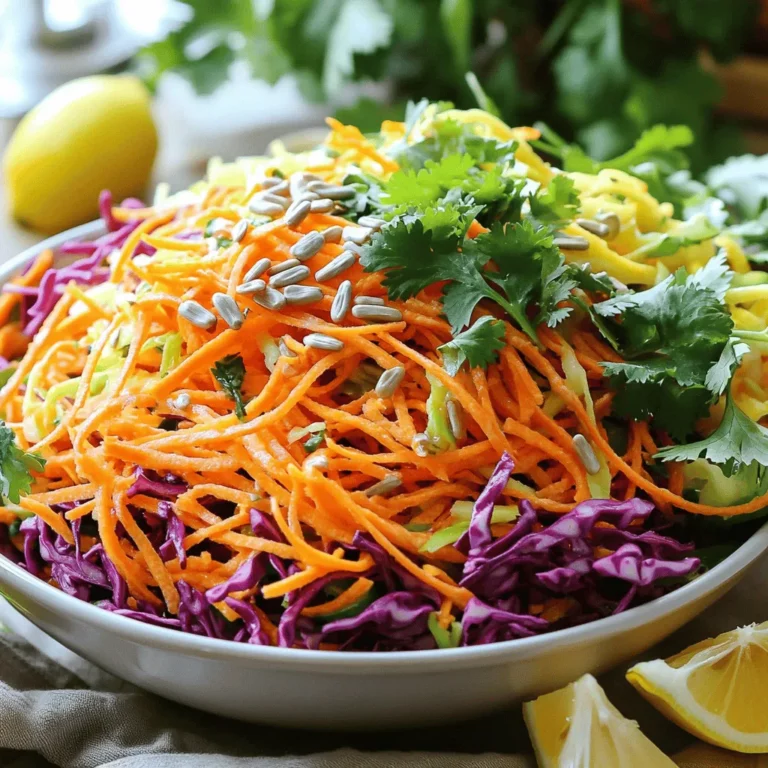 To make a great shredded carrot salad, you need fresh ingredients. Start with 4 medium carrots. Peel and shred them for a sweet crunch. Next, add 1 cup of red cabbage and 1 cup of green cabbage. These add color and texture. A bell pepper, either red or yellow, gives a nice bite. Slice it into thin strips, called julienne.