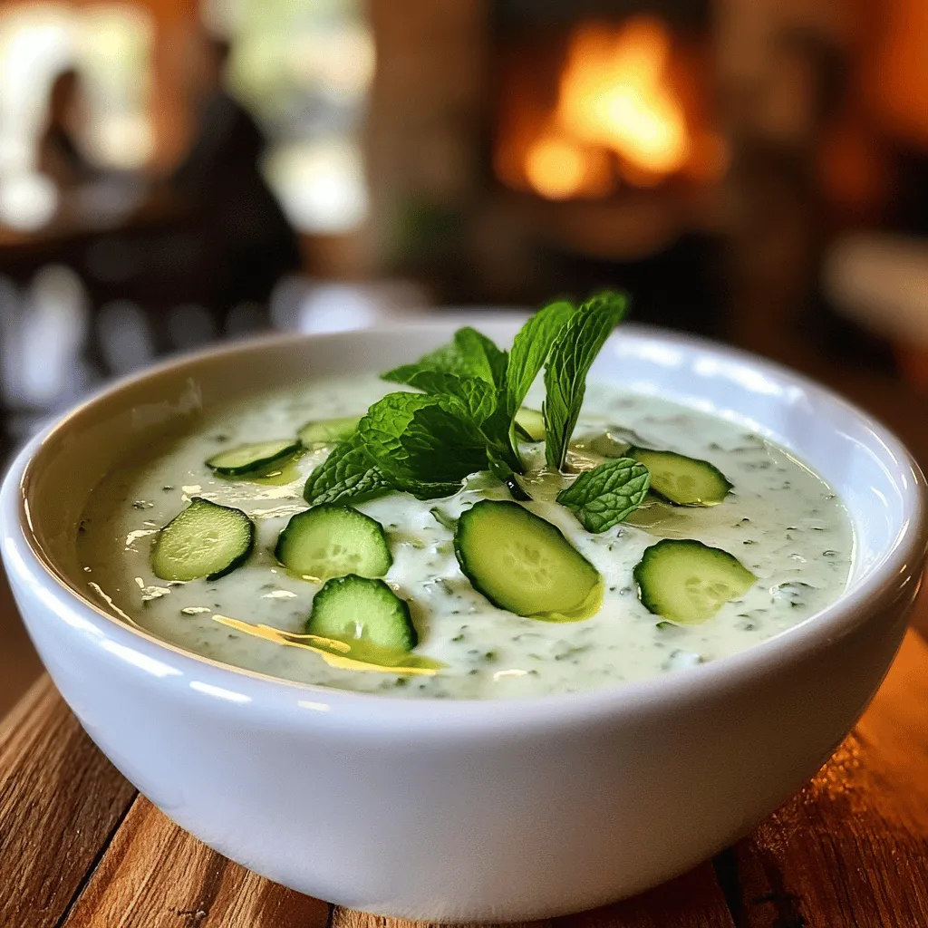 The main ingredients for this soup are fresh cucumbers and mint. They give the soup its cool flavor. You will also need Greek yogurt, vegetable broth, and olive oil. Each ingredient plays a key role in making the soup creamy and tasty.