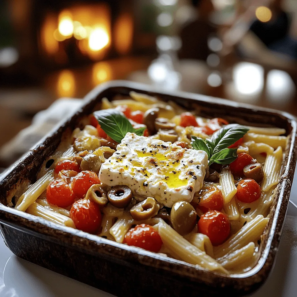 Baked feta pasta is simple and full of flavor. The key ingredients make this dish shine. You will need pasta, feta cheese, cherry tomatoes, olives, garlic, and olive oil.