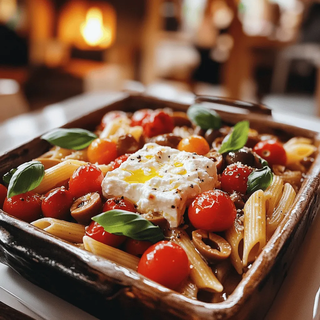 Baked feta pasta is simple and full of flavor. The key ingredients make this dish shine. You will need pasta, feta cheese, cherry tomatoes, olives, garlic, and olive oil.