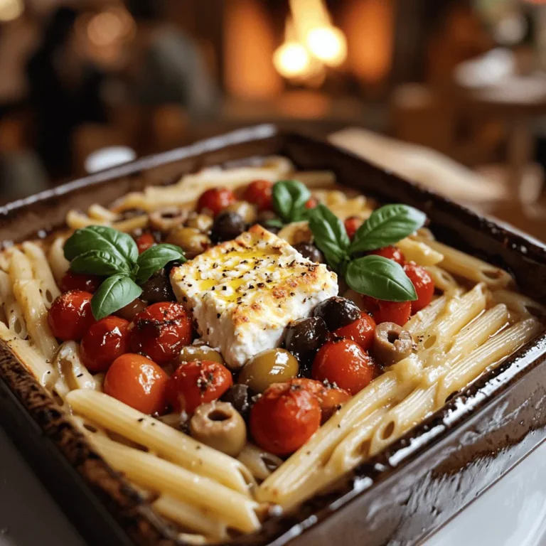 Baked feta pasta is simple and full of flavor. The key ingredients make this dish shine. You will need pasta, feta cheese, cherry tomatoes, olives, garlic, and olive oil.