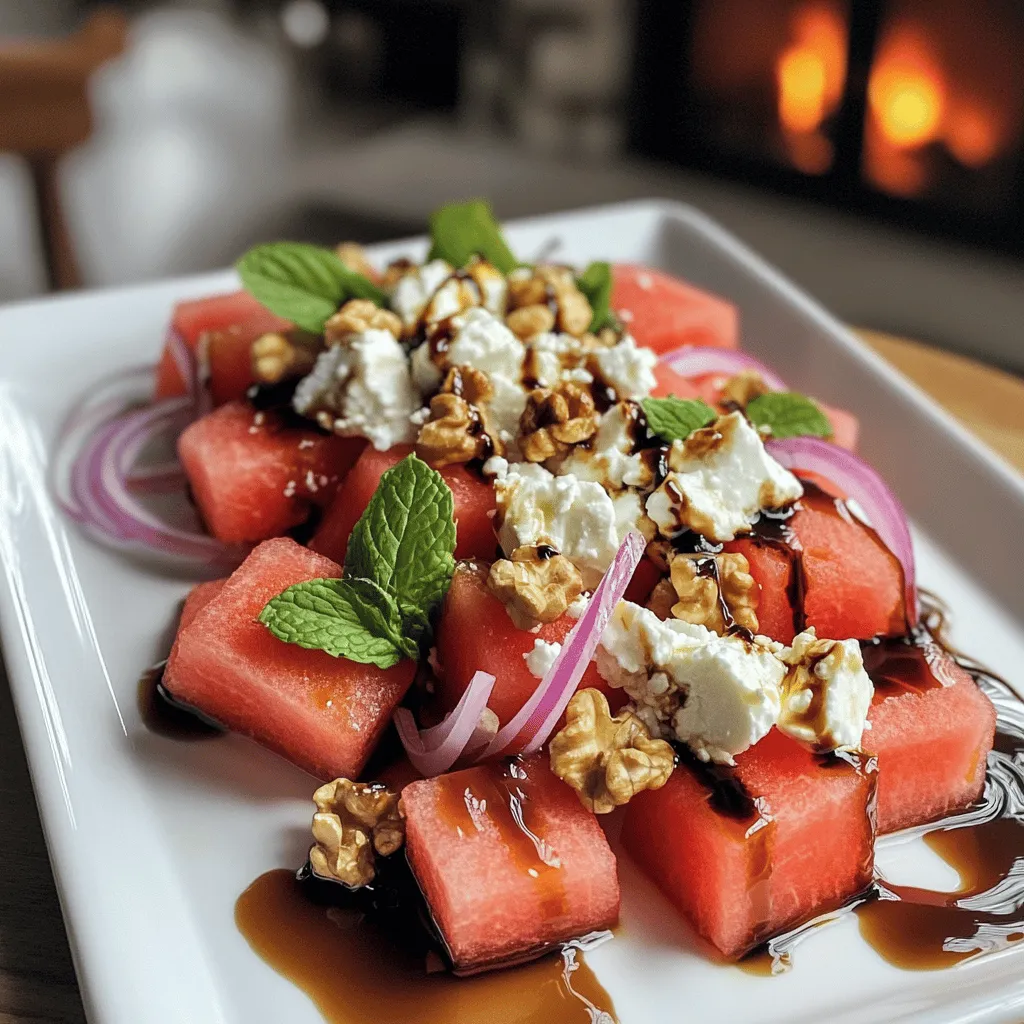 Salade de Pastèque et Feta shines with a few simple ingredients. First, you need fresh watermelon. I like to use four cups of juicy watermelon, cubed for easy bites. The sweetness of the watermelon is the star of this dish.