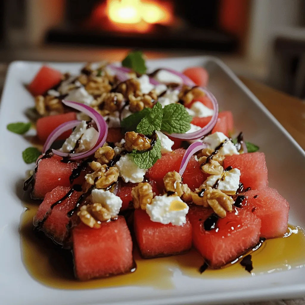 Salade de Pastèque et Feta shines with a few simple ingredients. First, you need fresh watermelon. I like to use four cups of juicy watermelon, cubed for easy bites. The sweetness of the watermelon is the star of this dish.
