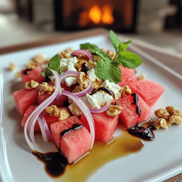 Salade de Pastèque et Feta shines with a few simple ingredients. First, you need fresh watermelon. I like to use four cups of juicy watermelon, cubed for easy bites. The sweetness of the watermelon is the star of this dish.