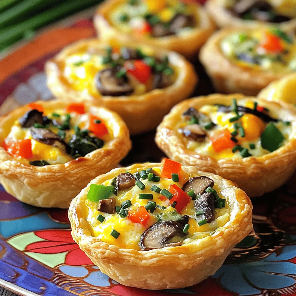 Mini quiches are small, savory pies filled with eggs, cheese, and various toppings. They are baked in pastry shells, making them easy to hold and eat. These bite-sized treats offer a delightful mix of flavors and textures. You can find them in many recipes, which adds to their charm. They can be made with different meats, veggies, and cheeses, making them fun to customize.