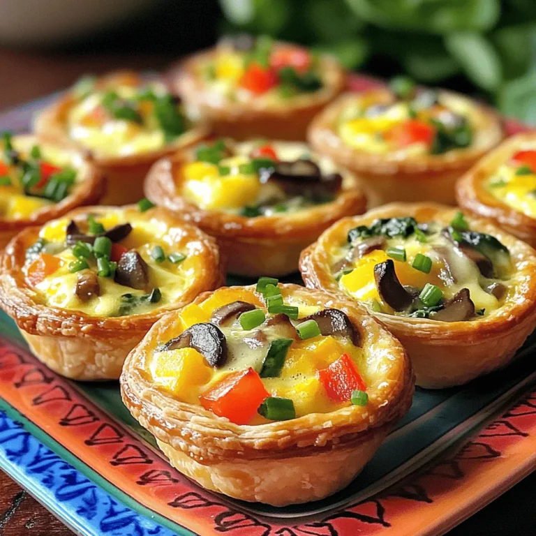 Mini quiches are small, savory pies filled with eggs, cheese, and various toppings. They are baked in pastry shells, making them easy to hold and eat. These bite-sized treats offer a delightful mix of flavors and textures. You can find them in many recipes, which adds to their charm. They can be made with different meats, veggies, and cheeses, making them fun to customize.