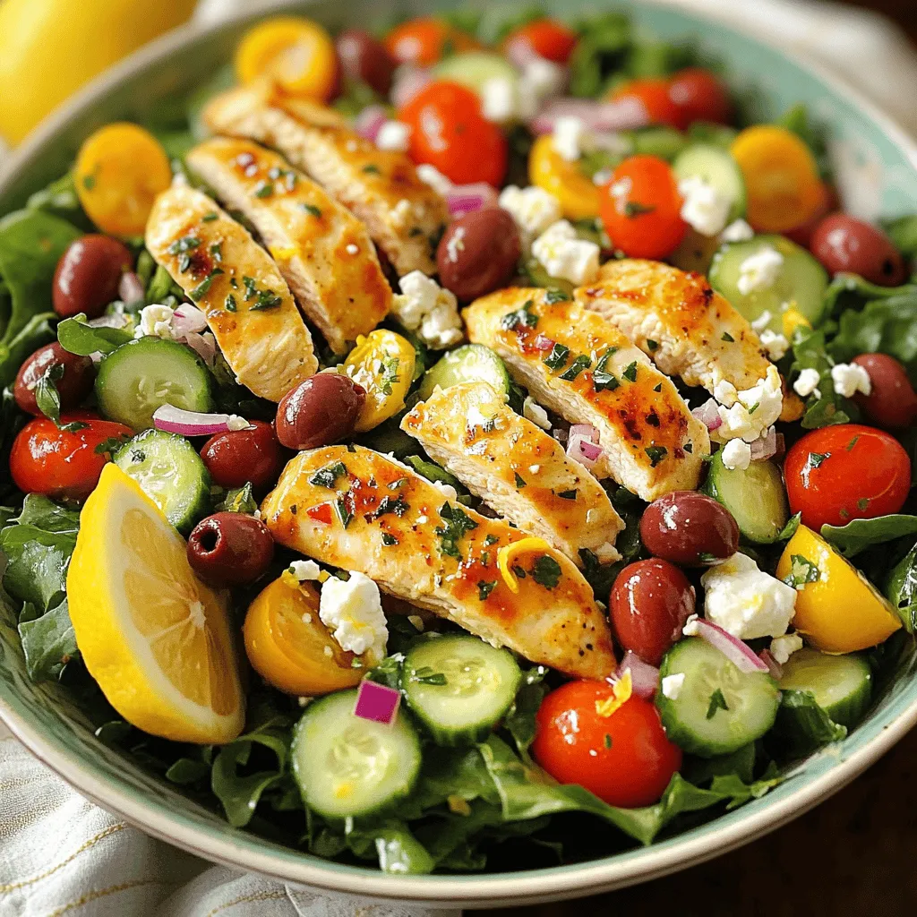 Greek Chicken Salad is a bright and tasty dish. To make it, you need fresh vegetables and quality chicken. I love using cherry tomatoes, cucumbers, and bell peppers. These veggies add color and crunch. You should also include red onions and Kalamata olives for extra flavor.