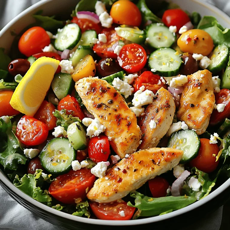 Greek Chicken Salad is a bright and tasty dish. To make it, you need fresh vegetables and quality chicken. I love using cherry tomatoes, cucumbers, and bell peppers. These veggies add color and crunch. You should also include red onions and Kalamata olives for extra flavor.