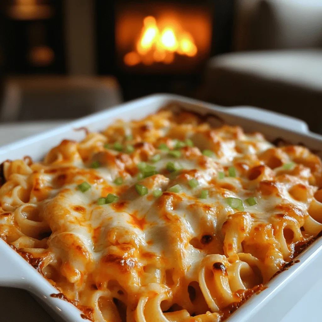 To make a delicious buffalo chicken pasta bake, you need key ingredients. The main items are cooked pasta and shredded chicken. I prefer cavatappi or penne pasta for texture. You can use rotisserie chicken to save time.