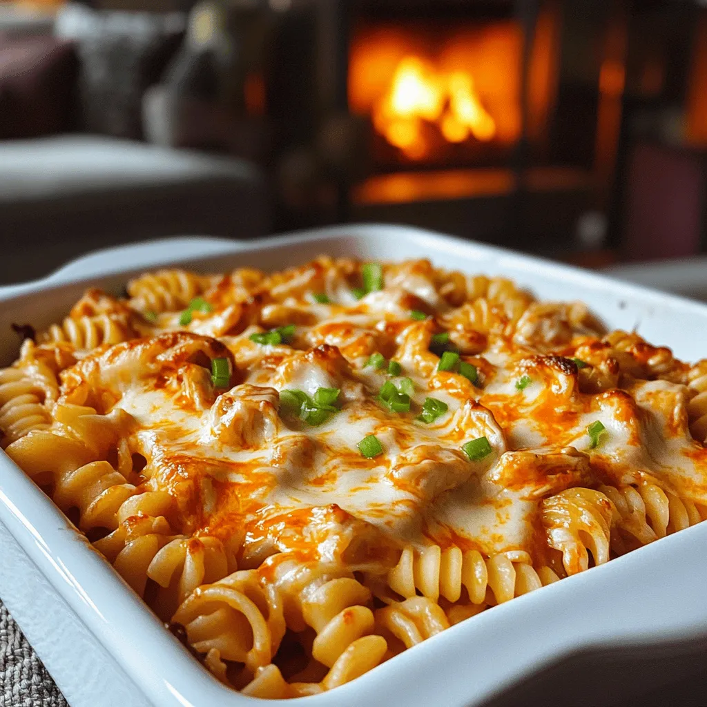 To make a delicious buffalo chicken pasta bake, you need key ingredients. The main items are cooked pasta and shredded chicken. I prefer cavatappi or penne pasta for texture. You can use rotisserie chicken to save time.