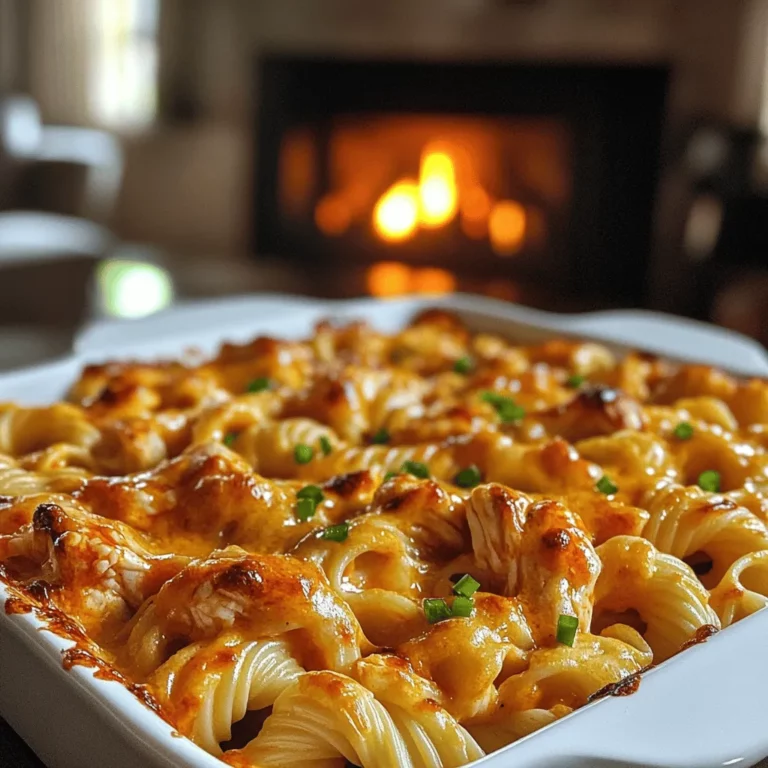 To make a tasty Buffalo chicken pasta bake, you need a few key ingredients. Start with 2 cups of cooked pasta. Cavatappi or penne work well. Next, add 2 cups of shredded cooked chicken. Rotisserie chicken is perfect for this dish. You'll also need 1 cup of buffalo sauce. Adjust the sauce based on how spicy you want it. Mix in 1 cup of softened cream cheese and 1 cup of sour cream for creaminess. Finally, use 1 ½ cups of shredded mozzarella cheese to top it off.
