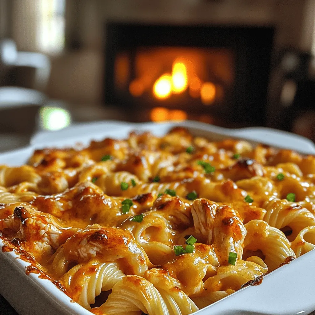 To make a delicious buffalo chicken pasta bake, you need key ingredients. The main items are cooked pasta and shredded chicken. I prefer cavatappi or penne pasta for texture. You can use rotisserie chicken to save time.