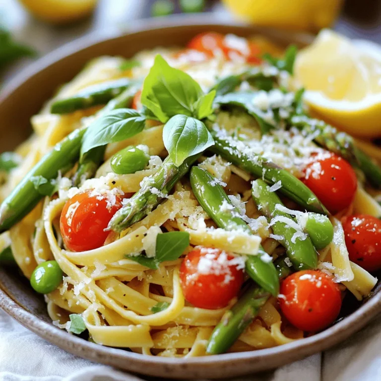 Spring vegetable pasta shines with fresh spring vegetables. You can use vibrant asparagus, sweet snap peas, and juicy cherry tomatoes. Each of these adds color and taste. Zucchini also works great, bringing a soft texture to the dish.