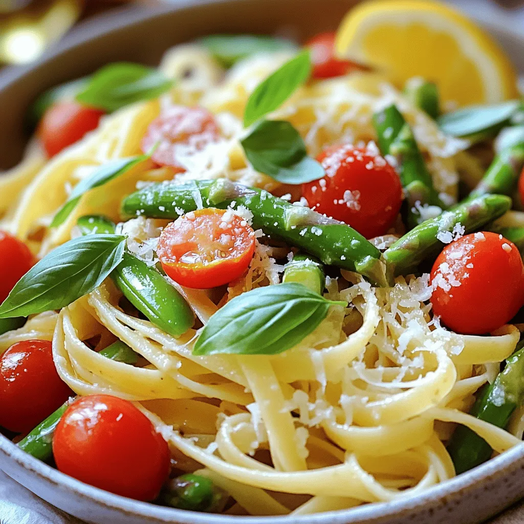Spring vegetable pasta shines with fresh spring vegetables. You can use vibrant asparagus, sweet snap peas, and juicy cherry tomatoes. Each of these adds color and taste. Zucchini also works great, bringing a soft texture to the dish.