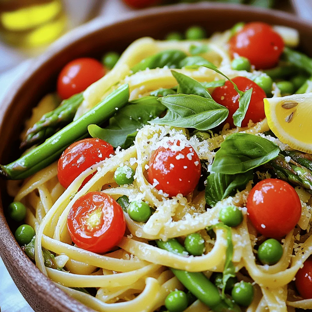 Spring vegetable pasta shines with fresh spring vegetables. You can use vibrant asparagus, sweet snap peas, and juicy cherry tomatoes. Each of these adds color and taste. Zucchini also works great, bringing a soft texture to the dish.