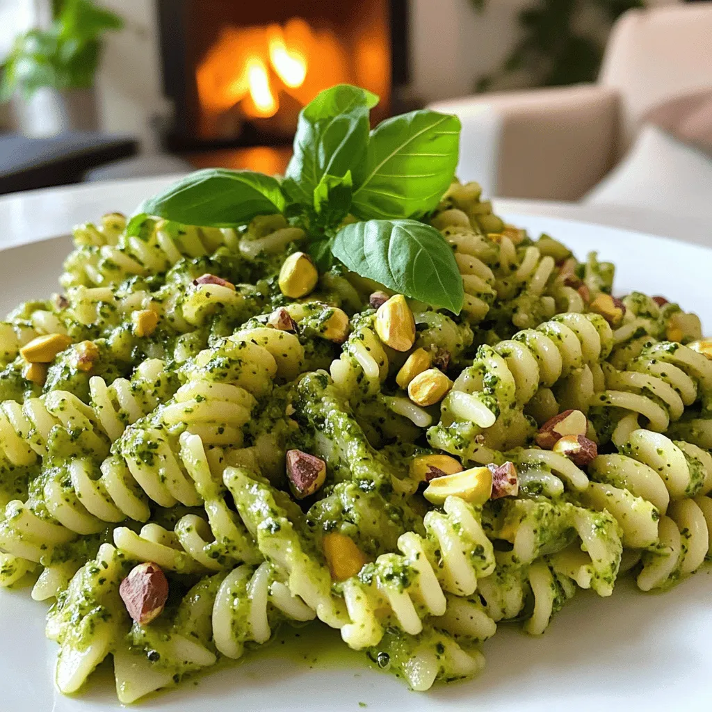 The key ingredients for pâtes au pesto de pistache make this dish special. First, you need fresh pasta. I like fusilli or penne. These shapes hold the sauce well.