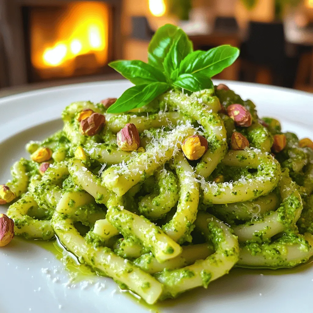 The key ingredients for pâtes au pesto de pistache make this dish special. First, you need fresh pasta. I like fusilli or penne. These shapes hold the sauce well.