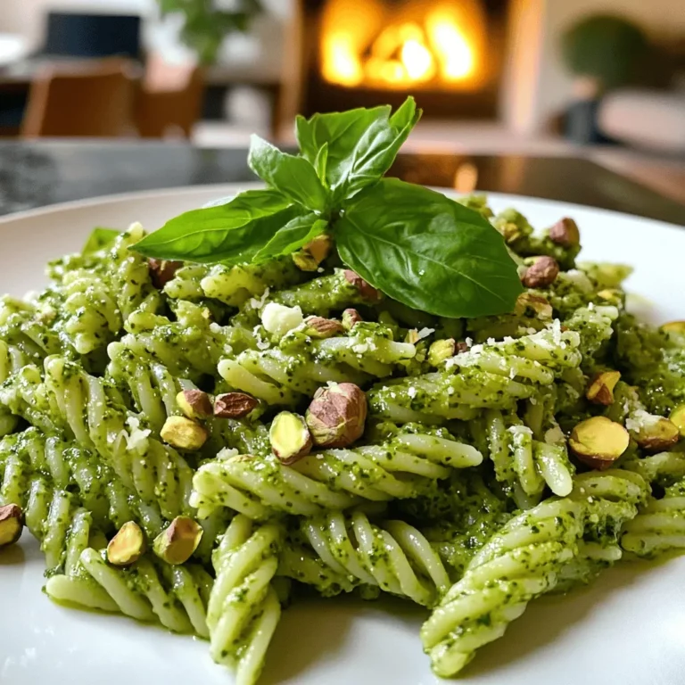 The key ingredients for pâtes au pesto de pistache make this dish special. First, you need fresh pasta. I like fusilli or penne. These shapes hold the sauce well.