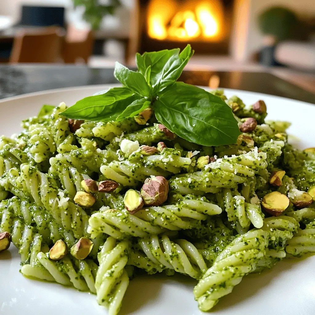 The key ingredients for pâtes au pesto de pistache make this dish special. First, you need fresh pasta. I like fusilli or penne. These shapes hold the sauce well.