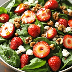 The strawberry spinach salad recipe shines with fresh and simple ingredients. First, you need spinach. Four cups of fresh spinach add a crisp base. Next, grab one cup of hulled and sliced strawberries. Their sweetness brings joy to each bite. Feta cheese adds a creamy touch. Half a cup crumbled will do nicely.