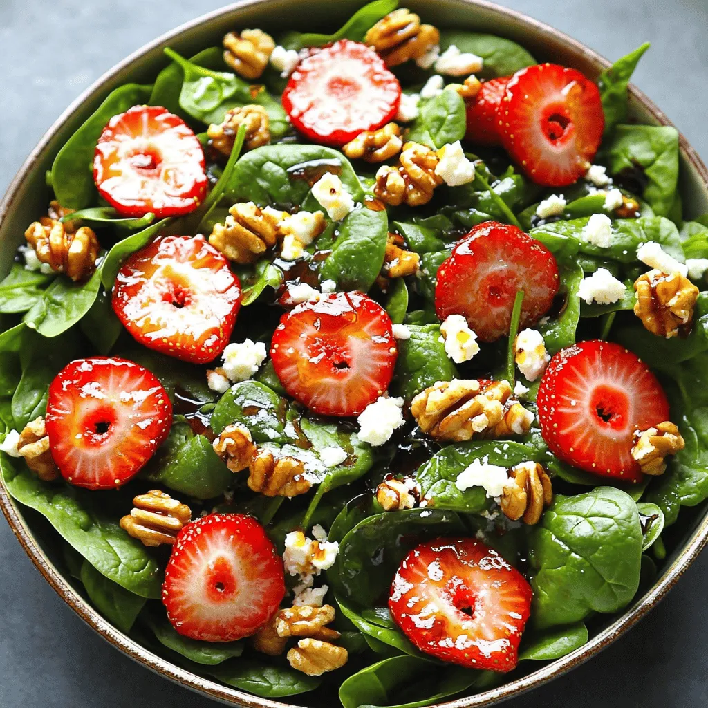The strawberry spinach salad recipe shines with fresh and simple ingredients. First, you need spinach. Four cups of fresh spinach add a crisp base. Next, grab one cup of hulled and sliced strawberries. Their sweetness brings joy to each bite. Feta cheese adds a creamy touch. Half a cup crumbled will do nicely.