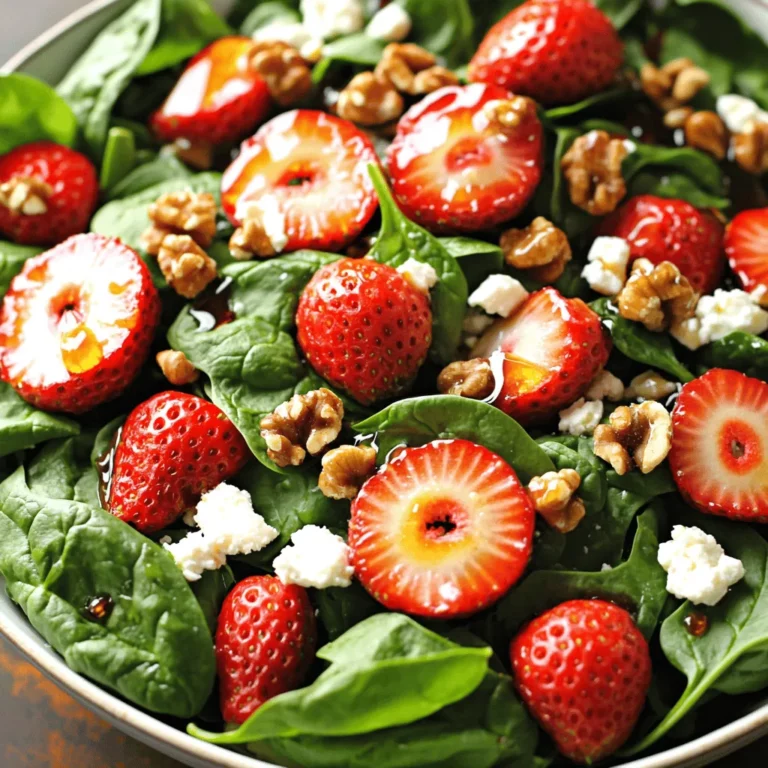 The strawberry spinach salad recipe shines with fresh and simple ingredients. First, you need spinach. Four cups of fresh spinach add a crisp base. Next, grab one cup of hulled and sliced strawberries. Their sweetness brings joy to each bite. Feta cheese adds a creamy touch. Half a cup crumbled will do nicely.