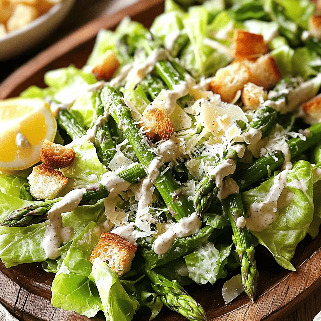 To make a great Asparagus Caesar salad, you need fresh asparagus, romaine lettuce, and Pecorino cheese. The asparagus brings a lovely crunch and bright color to your dish. The romaine lettuce adds crispness and a refreshing base. Pecorino Romano cheese gives a rich, salty flavor that enhances the salad. You also need some homemade Caesar dressing, croutons, lemon juice, and a bit of salt and pepper for seasoning. For a special touch, consider adding a hard-boiled egg on top.