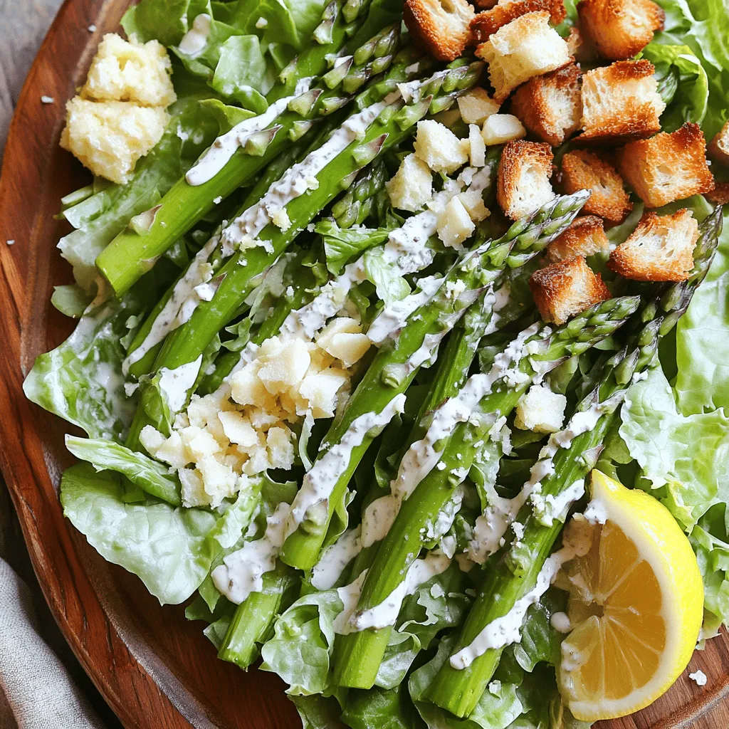 To make a great Asparagus Caesar salad, you need fresh asparagus, romaine lettuce, and Pecorino cheese. The asparagus brings a lovely crunch and bright color to your dish. The romaine lettuce adds crispness and a refreshing base. Pecorino Romano cheese gives a rich, salty flavor that enhances the salad. You also need some homemade Caesar dressing, croutons, lemon juice, and a bit of salt and pepper for seasoning. For a special touch, consider adding a hard-boiled egg on top.
