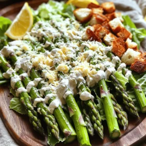 To make a great Asparagus Caesar salad, you need fresh asparagus, romaine lettuce, and Pecorino cheese. The asparagus brings a lovely crunch and bright color to your dish. The romaine lettuce adds crispness and a refreshing base. Pecorino Romano cheese gives a rich, salty flavor that enhances the salad. You also need some homemade Caesar dressing, croutons, lemon juice, and a bit of salt and pepper for seasoning. For a special touch, consider adding a hard-boiled egg on top.