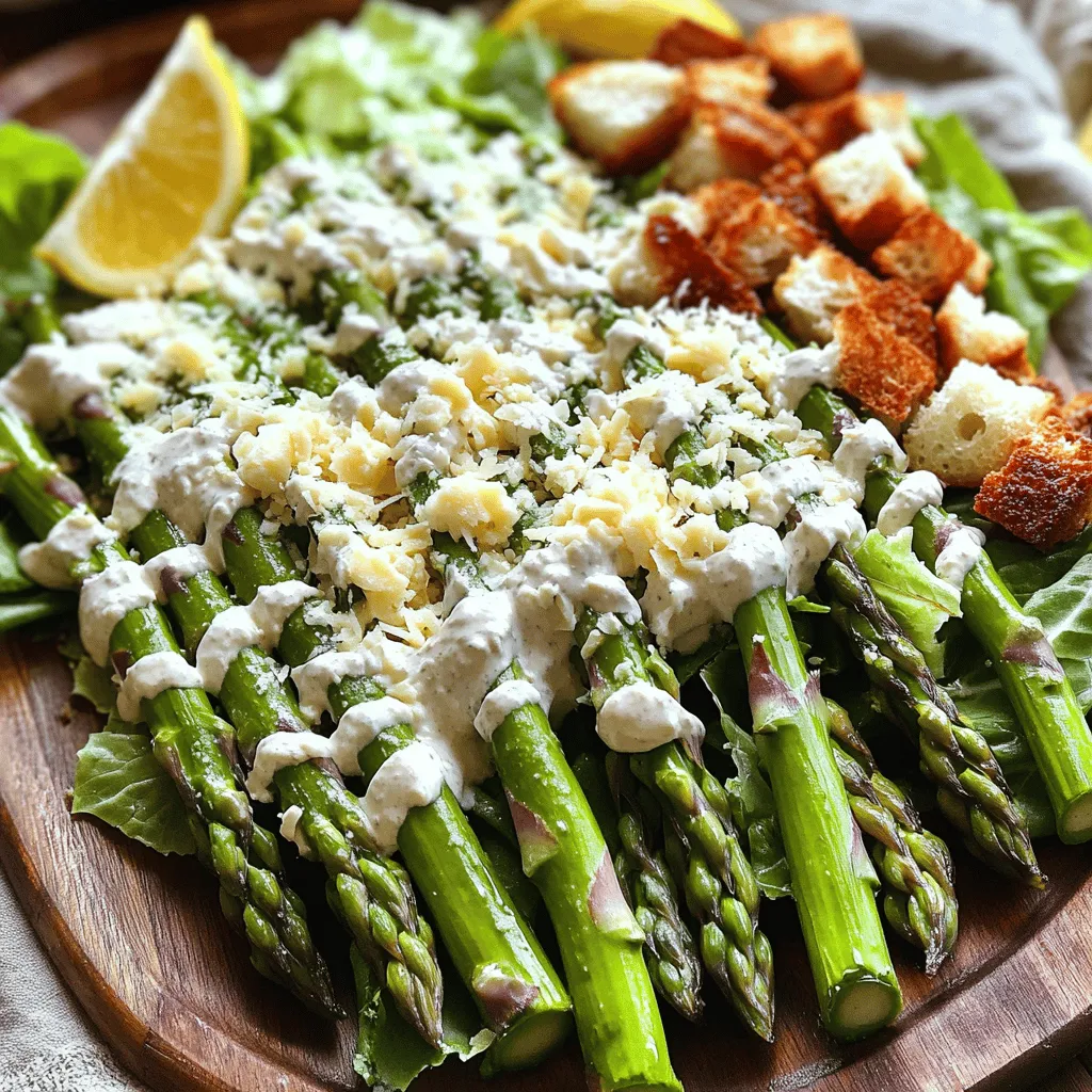 To make a great Asparagus Caesar salad, you need fresh asparagus, romaine lettuce, and Pecorino cheese. The asparagus brings a lovely crunch and bright color to your dish. The romaine lettuce adds crispness and a refreshing base. Pecorino Romano cheese gives a rich, salty flavor that enhances the salad. You also need some homemade Caesar dressing, croutons, lemon juice, and a bit of salt and pepper for seasoning. For a special touch, consider adding a hard-boiled egg on top.