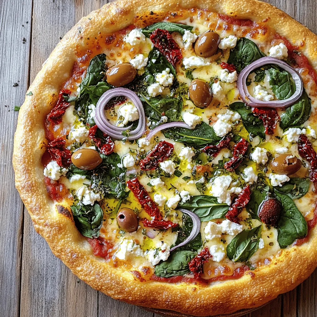 The Mediterranean Delight Pizza is fresh and full of flavor. Start with pre-made pizza dough or make your own. Use 1 cup of tomato sauce as the base. Sprinkle 1 ½ cups of shredded mozzarella on top. Crumble ½ cup of feta cheese for a tangy twist. Add 1 cup of baby spinach and ½ cup of chopped sun-dried tomatoes. Slice ¼ cup of pitted Kalamata olives and 1 small red onion thinly, then scatter them over the pizza. Drizzle 1 tablespoon of olive oil and sprinkle with 1 teaspoon of dried oregano and ½ teaspoon of garlic powder. Season with salt and pepper. Bake at 475°F for 12-15 minutes. This pizza serves four and is a perfect choice for gatherings.