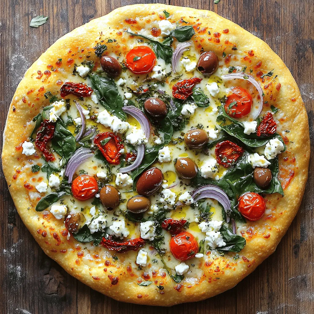 The Mediterranean Delight Pizza is fresh and full of flavor. Start with pre-made pizza dough or make your own. Use 1 cup of tomato sauce as the base. Sprinkle 1 ½ cups of shredded mozzarella on top. Crumble ½ cup of feta cheese for a tangy twist. Add 1 cup of baby spinach and ½ cup of chopped sun-dried tomatoes. Slice ¼ cup of pitted Kalamata olives and 1 small red onion thinly, then scatter them over the pizza. Drizzle 1 tablespoon of olive oil and sprinkle with 1 teaspoon of dried oregano and ½ teaspoon of garlic powder. Season with salt and pepper. Bake at 475°F for 12-15 minutes. This pizza serves four and is a perfect choice for gatherings.
