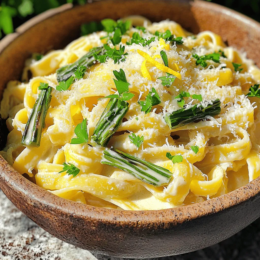 To make creamy ramp pasta, you need a few key ingredients. First, choose 12 oz of pasta. Fettuccine or linguine works best. Next, gather 1 cup of ramps. These wild leeks add a unique flavor. You will also need 2 tablespoons of olive oil and 3 cloves of minced garlic. For creaminess, use 1 cup of heavy cream. Grated Parmesan cheese adds richness, so include 1 cup of that too. Finally, season with salt, black pepper, and 1 teaspoon of lemon zest. Fresh parsley makes a nice garnish.