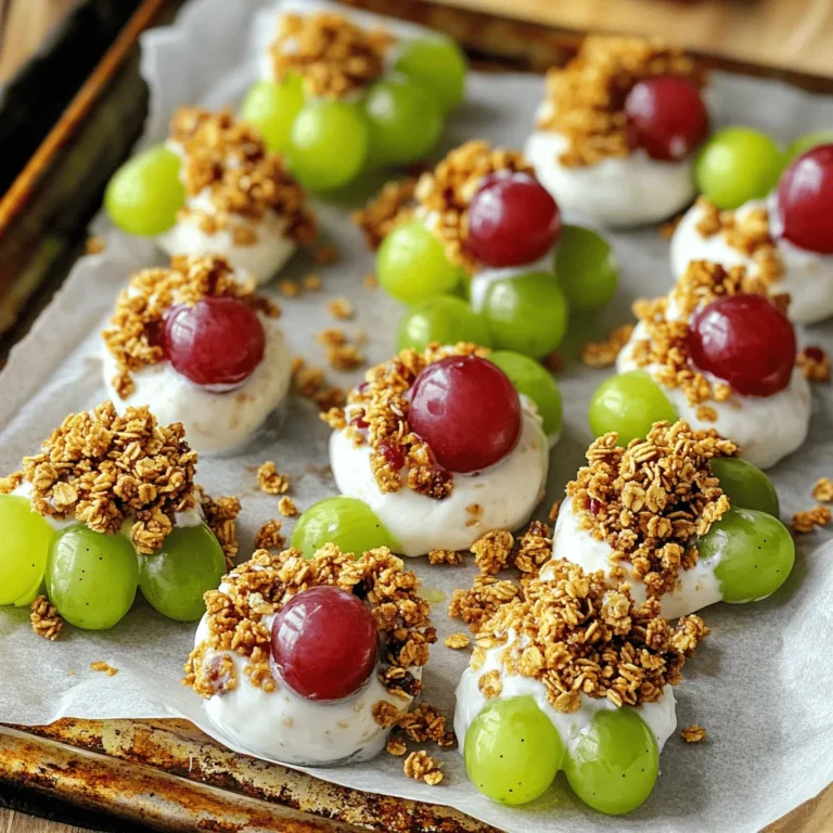To make 3-Ingredient Grape Clusters, you need just three simple items. You need two cups of seedless grapes, one cup of Greek yogurt, and a quarter cup of granola.