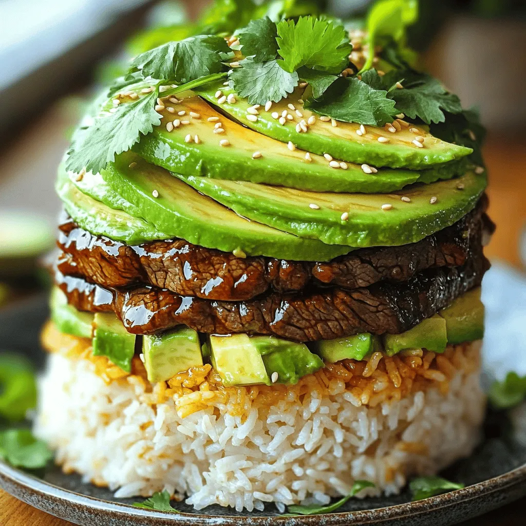 To make the teriyaki beef and avocado rice stack, you need a few key ingredients. First, use 1 pound of flank steak. Slice it thinly against the grain for tenderness. You will also need 1 cup of cooked jasmine rice. This rice adds a light, fluffy base. A ripe avocado, sliced, adds creaminess and flavor. The teriyaki sauce, about 1/3 cup, gives a rich, sweet taste. Fresh green onions add a nice crunch. Finally, sesame oil and vegetable oil help in cooking.