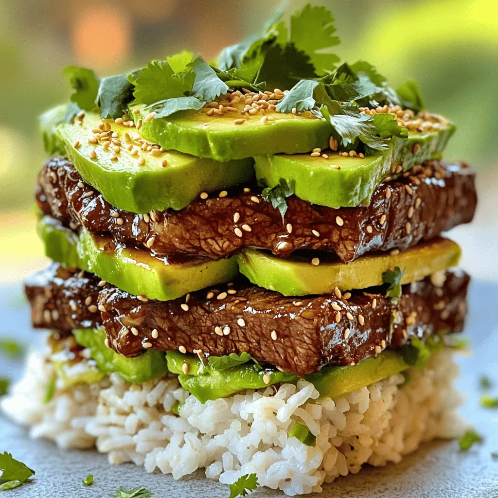 To make the teriyaki beef and avocado rice stack, you need a few key ingredients. First, use 1 pound of flank steak. Slice it thinly against the grain for tenderness. You will also need 1 cup of cooked jasmine rice. This rice adds a light, fluffy base. A ripe avocado, sliced, adds creaminess and flavor. The teriyaki sauce, about 1/3 cup, gives a rich, sweet taste. Fresh green onions add a nice crunch. Finally, sesame oil and vegetable oil help in cooking.