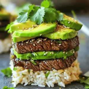 To make the teriyaki beef and avocado rice stack, you need a few key ingredients. First, use 1 pound of flank steak. Slice it thinly against the grain for tenderness. You will also need 1 cup of cooked jasmine rice. This rice adds a light, fluffy base. A ripe avocado, sliced, adds creaminess and flavor. The teriyaki sauce, about 1/3 cup, gives a rich, sweet taste. Fresh green onions add a nice crunch. Finally, sesame oil and vegetable oil help in cooking.