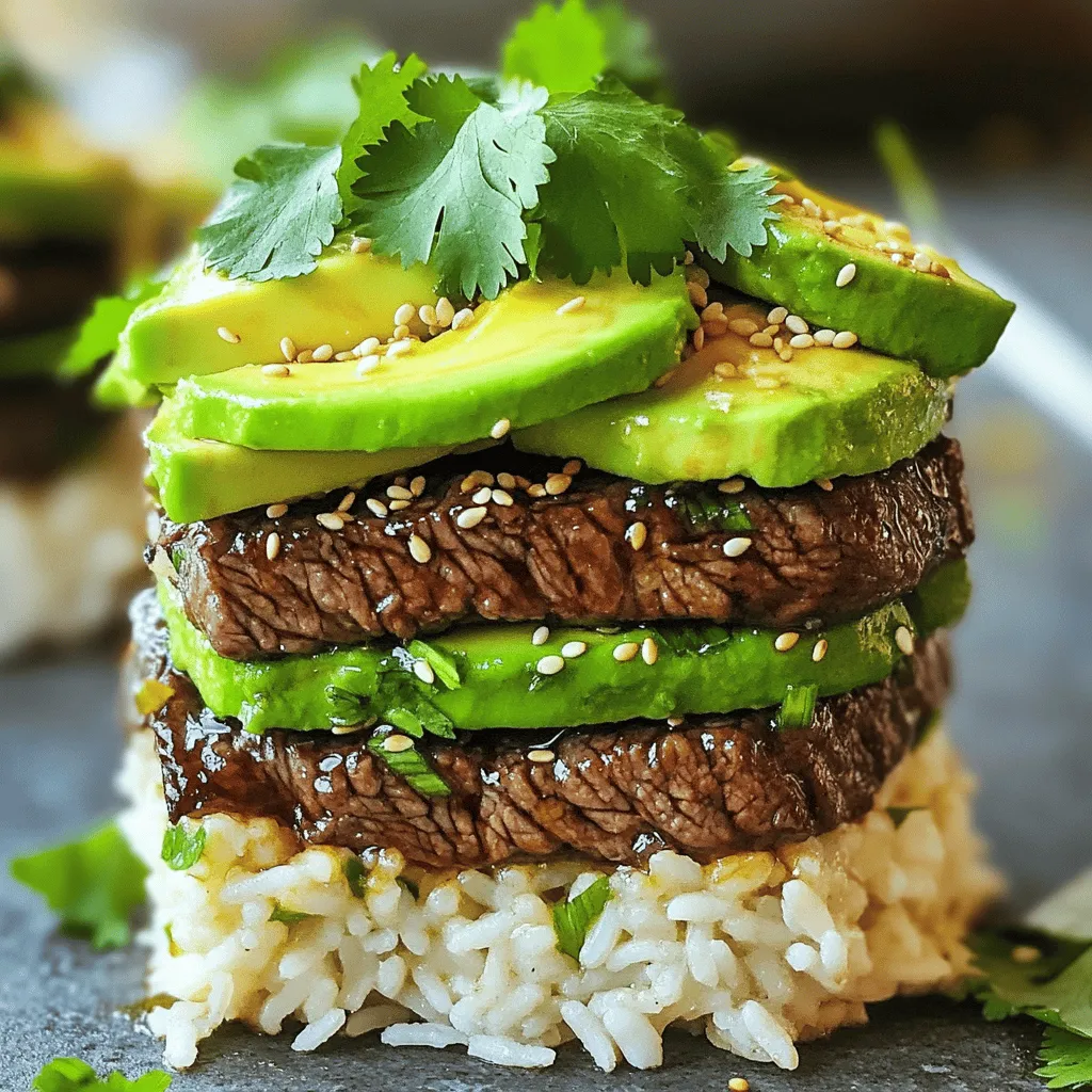 To make the teriyaki beef and avocado rice stack, you need a few key ingredients. First, use 1 pound of flank steak. Slice it thinly against the grain for tenderness. You will also need 1 cup of cooked jasmine rice. This rice adds a light, fluffy base. A ripe avocado, sliced, adds creaminess and flavor. The teriyaki sauce, about 1/3 cup, gives a rich, sweet taste. Fresh green onions add a nice crunch. Finally, sesame oil and vegetable oil help in cooking.