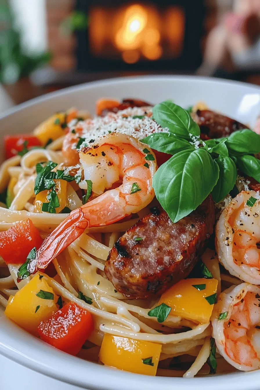 To make shrimp and sausage pasta, you need a few key ingredients. First, gather 8 ounces of linguine pasta. You will also need 1 pound of shrimp, peeled and deveined. For the sausage, use 8 ounces of smoked sausage, like andouille or kielbasa. Fresh vegetables add color and flavor. Get 1 bell pepper, diced, 1 small onion, finely chopped, and 3 cloves of garlic, minced. Don’t forget 1 can of diced tomatoes, Italian seasoning, and red pepper flakes for spice.
